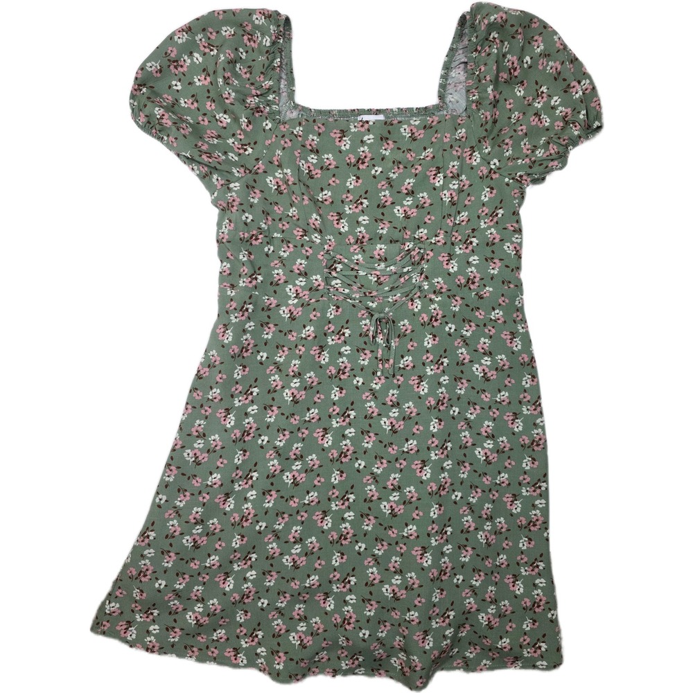 Love Fire Girls Size L Green Floral Smocked Back Puff Sleeve Dress